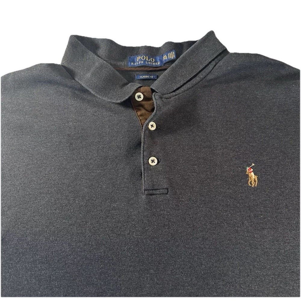 Polo Ralph Lauren Men's XXL Cotton Solid Gray Long Sleeve Polo Shirt Classic Fit